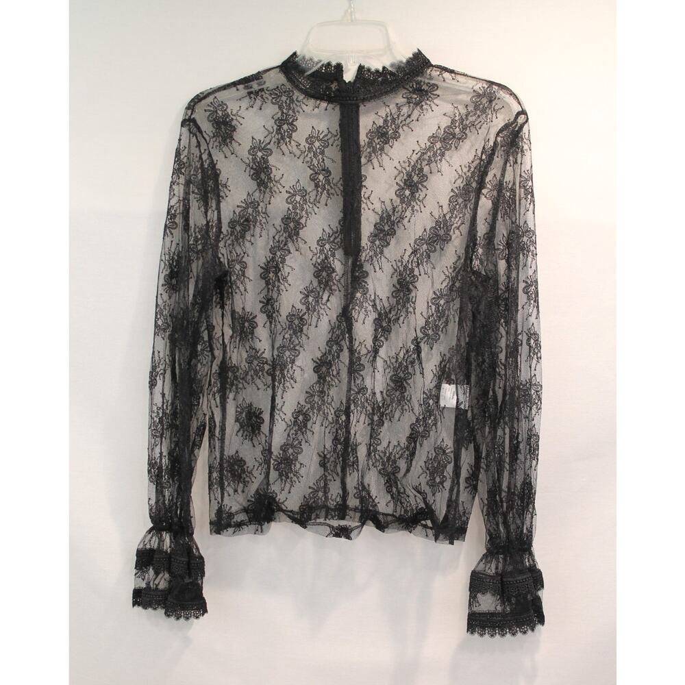 Womens Sheer Lace Top size M Black Mock Neck Embroidered Trim Long Bell Sleeves